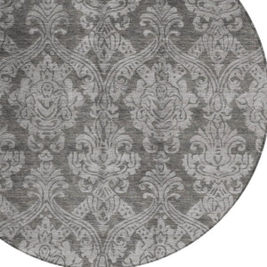 HomeRoots 5' Elegant Gray and Pewter Damask Rug - Washable Indoor/Outdoor Area Rug for High-Traffic Spaces 8' Round 616528