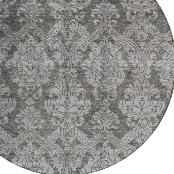 HomeRoots 5' Elegant Gray and Pewter Damask Rug - Washable Indoor/Outdoor Area Rug for High-Traffic Spaces 8' Round 616528
