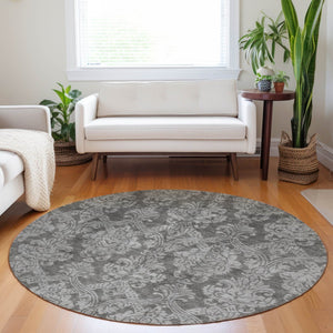 HomeRoots 5' Elegant Gray and Pewter Damask Rug - Washable Indoor/Outdoor Area Rug for High-Traffic Spaces 8' Round 616528