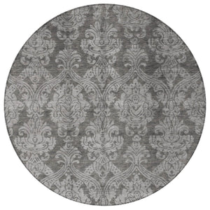 HomeRoots 5' Elegant Gray and Pewter Damask Rug - Washable Indoor/Outdoor Area Rug for High-Traffic Spaces 8' Round 616528
