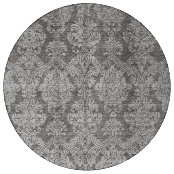HomeRoots 5' Elegant Gray and Pewter Damask Rug - Washable Indoor/Outdoor Area Rug for High-Traffic Spaces 8' Round 616528