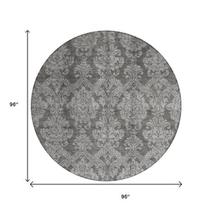 HomeRoots 5' Elegant Gray and Pewter Damask Rug - Washable Indoor/Outdoor Area Rug for High-Traffic Spaces 8' Round 616528