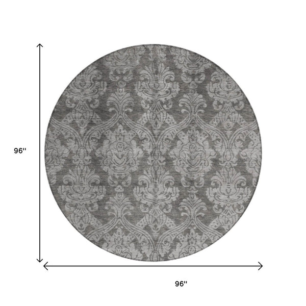 HomeRoots 5' Elegant Gray and Pewter Damask Rug - Washable Indoor/Outdoor Area Rug for High-Traffic Spaces 8' Round 616528
