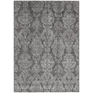 HomeRoots 5' Elegant Gray and Pewter Damask Rug - Washable Indoor/Outdoor Area Rug for High-Traffic Spaces 8' X 10' 616529