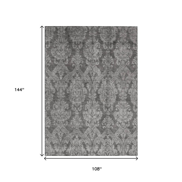 HomeRoots 5' Elegant Gray and Pewter Damask Rug - Washable Indoor/Outdoor Area Rug for High-Traffic Spaces 9' X 12' 616530