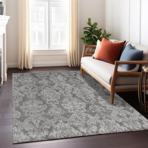 HomeRoots 5' Elegant Gray and Pewter Damask Rug - Washable Indoor/Outdoor Area Rug for High-Traffic Spaces 9' X 12' 616530