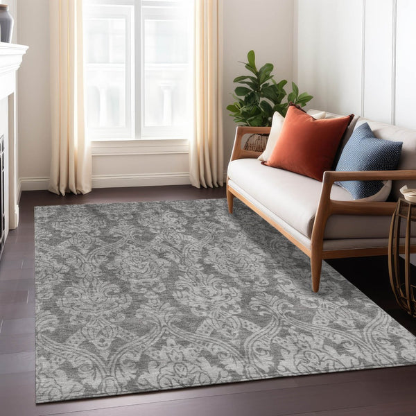 HomeRoots 5' Elegant Gray and Pewter Damask Rug - Washable Indoor/Outdoor Area Rug for High-Traffic Spaces 9' X 12' 616530