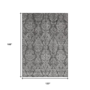 HomeRoots 5' Elegant Gray and Pewter Damask Rug - Washable Indoor/Outdoor Area Rug for High-Traffic Spaces 10' X 14' 616531