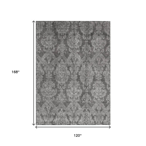 HomeRoots 5' Elegant Gray and Pewter Damask Rug - Washable Indoor/Outdoor Area Rug for High-Traffic Spaces 10' X 14' 616531