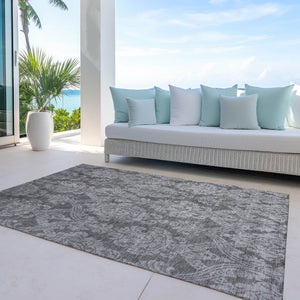 HomeRoots 5' Elegant Gray and Pewter Damask Rug - Washable Indoor/Outdoor Area Rug for High-Traffic Spaces 10' X 14' 616531