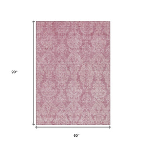 HomeRoots 5' Pink and Ivory Damask Area Rug - Elegant Indoor Outdoor Design, Washable, Durable Polyester Construction 5' X 8' 616533