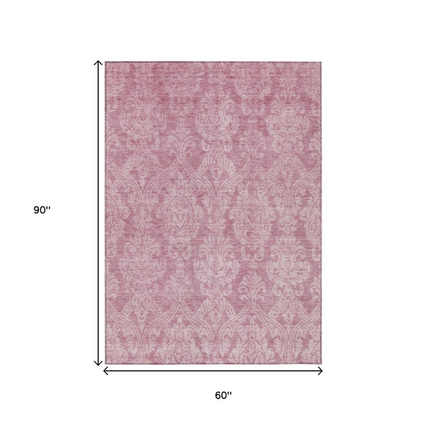 HomeRoots 5' Pink and Ivory Damask Area Rug - Elegant Indoor Outdoor Design, Washable, Durable Polyester Construction 5' X 8' 616533