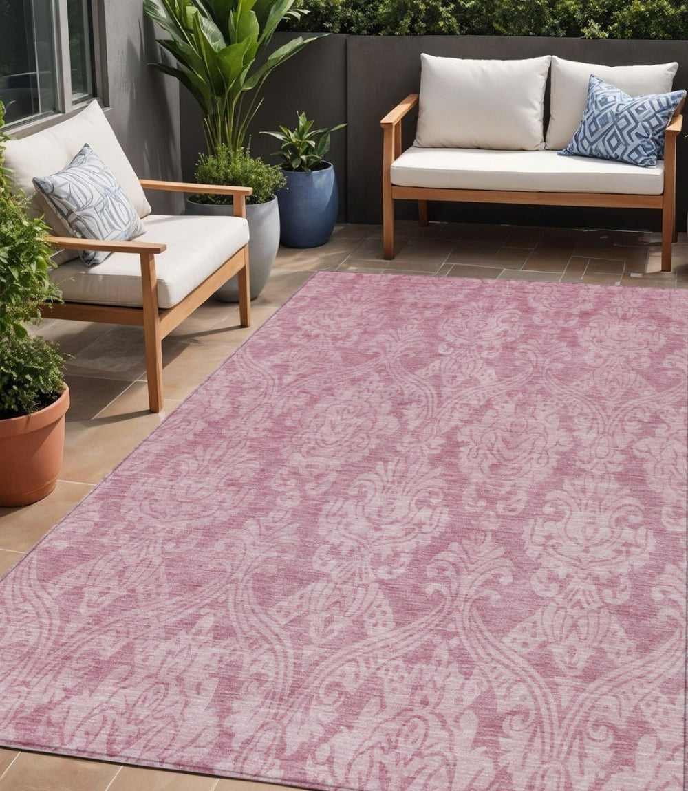 HomeRoots 5' Pink and Ivory Damask Area Rug - Elegant Indoor Outdoor Design, Washable, Durable Polyester Construction 5' X 8' 616533