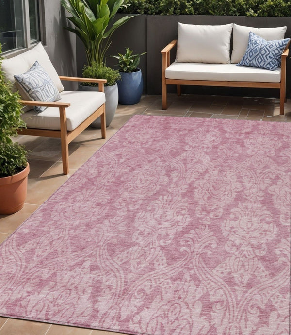 HomeRoots 5' Pink and Ivory Damask Area Rug - Elegant Indoor Outdoor Design, Washable, Durable Polyester Construction 5' X 8' 616533