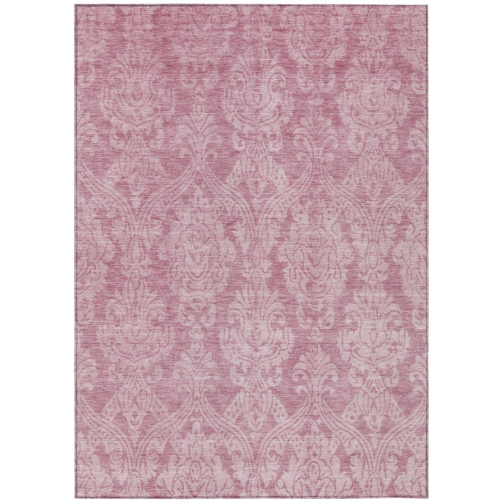 HomeRoots 5' Pink and Ivory Damask Area Rug - Elegant Indoor Outdoor Design, Washable, Durable Polyester Construction 5' X 8' 616533