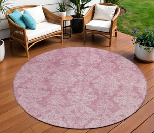 HomeRoots 5' Pink and Ivory Damask Area Rug - Elegant Indoor Outdoor Design, Washable, Durable Polyester Construction 8' Round 616534