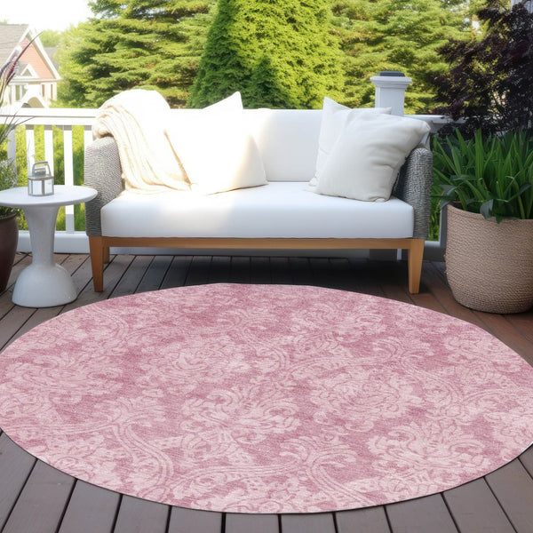 HomeRoots 5' Pink and Ivory Damask Area Rug - Elegant Indoor Outdoor Design, Washable, Durable Polyester Construction 8' Round 616534