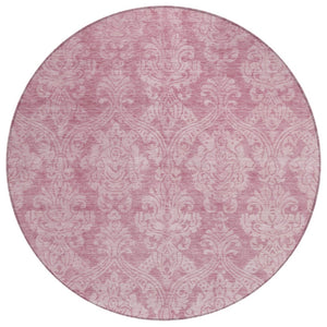 HomeRoots 5' Pink and Ivory Damask Area Rug - Elegant Indoor Outdoor Design, Washable, Durable Polyester Construction 8' Round 616534