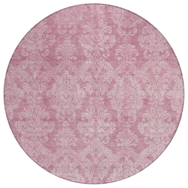 HomeRoots 5' Pink and Ivory Damask Area Rug - Elegant Indoor Outdoor Design, Washable, Durable Polyester Construction 8' Round 616534