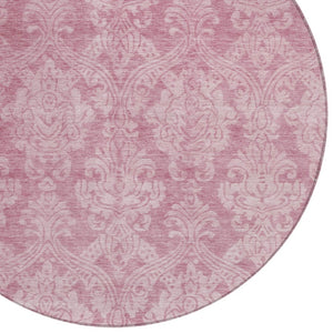 HomeRoots 5' Pink and Ivory Damask Area Rug - Elegant Indoor Outdoor Design, Washable, Durable Polyester Construction 8' Round 616534