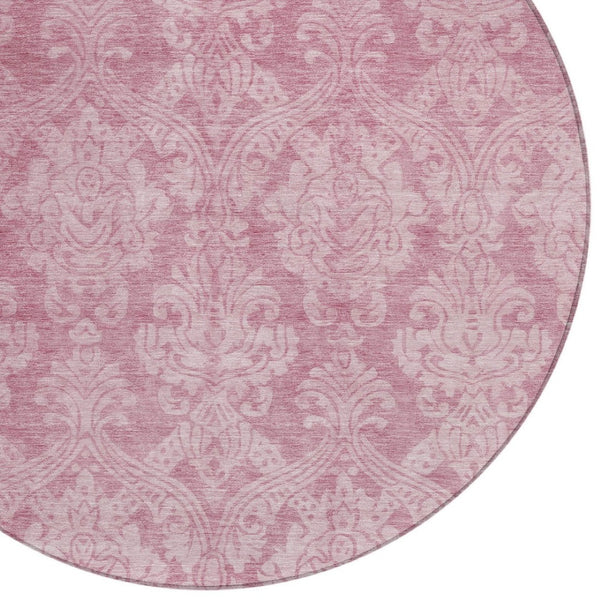 HomeRoots 5' Pink and Ivory Damask Area Rug - Elegant Indoor Outdoor Design, Washable, Durable Polyester Construction 8' Round 616534