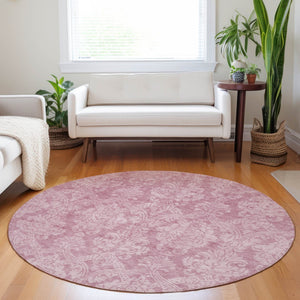 HomeRoots 5' Pink and Ivory Damask Area Rug - Elegant Indoor Outdoor Design, Washable, Durable Polyester Construction 8' Round 616534