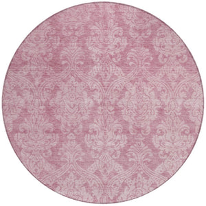 HomeRoots 5' Pink and Ivory Damask Area Rug - Elegant Indoor Outdoor Design, Washable, Durable Polyester Construction 8' Round 616534