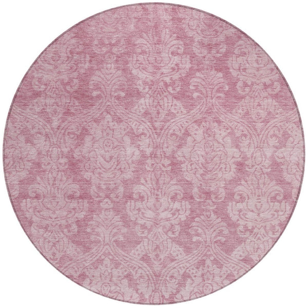 HomeRoots 5' Pink and Ivory Damask Area Rug - Elegant Indoor Outdoor Design, Washable, Durable Polyester Construction 8' Round 616534