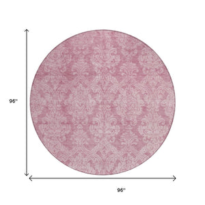 HomeRoots 5' Pink and Ivory Damask Area Rug - Elegant Indoor Outdoor Design, Washable, Durable Polyester Construction 8' Round 616534