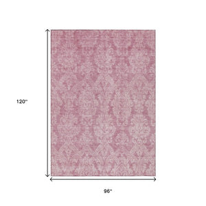 HomeRoots 5' Pink and Ivory Damask Area Rug - Elegant Indoor Outdoor Design, Washable, Durable Polyester Construction 8' X 10' 616535