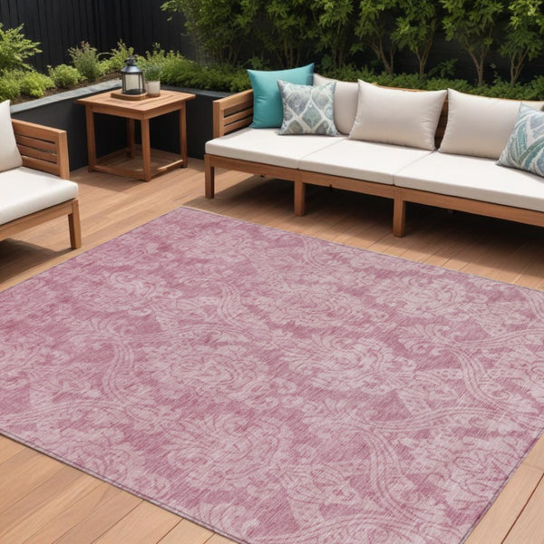 HomeRoots 5' Pink and Ivory Damask Area Rug - Elegant Indoor Outdoor Design, Washable, Durable Polyester Construction 8' X 10' 616535