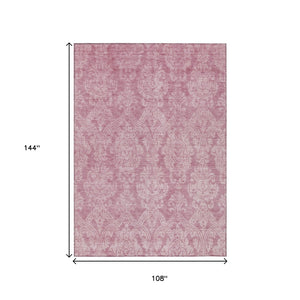 HomeRoots 5' Pink and Ivory Damask Area Rug - Elegant Indoor Outdoor Design, Washable, Durable Polyester Construction 9' X 12' 616536