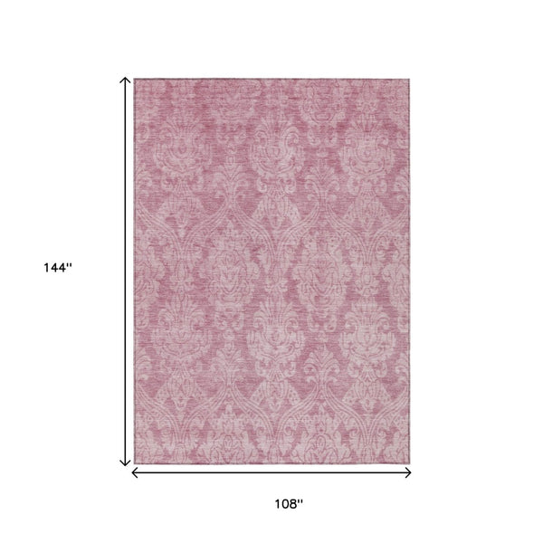 HomeRoots 5' Pink and Ivory Damask Area Rug - Elegant Indoor Outdoor Design, Washable, Durable Polyester Construction 9' X 12' 616536