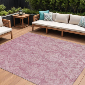 HomeRoots 5' Pink and Ivory Damask Area Rug - Elegant Indoor Outdoor Design, Washable, Durable Polyester Construction 10' X 14' 616537
