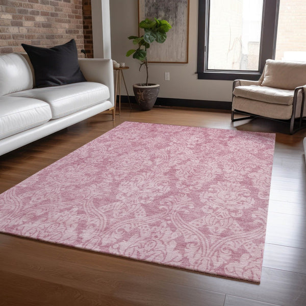HomeRoots 5' Pink and Ivory Damask Area Rug - Elegant Indoor Outdoor Design, Washable, Durable Polyester Construction 10' X 14' 616537