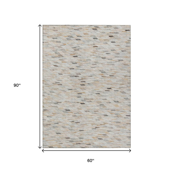 HomeRoots 5' Stylish Linen and Gray Geometric Area Rug - Durable, Washable Design for Indoor and Outdoor Use 5' X 8' 616557