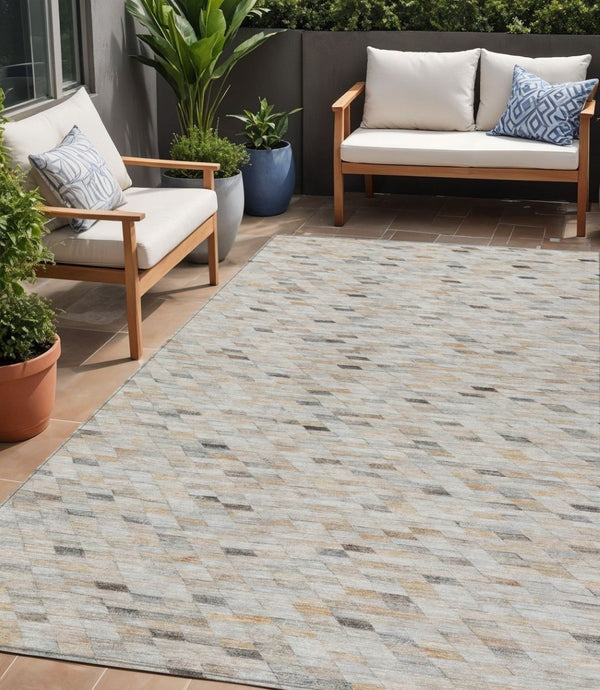 HomeRoots 5' Stylish Linen and Gray Geometric Area Rug - Durable, Washable Design for Indoor and Outdoor Use 5' X 8' 616557