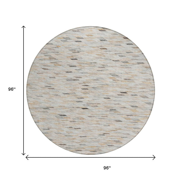 HomeRoots 5' Stylish Linen and Gray Geometric Area Rug - Durable, Washable Design for Indoor and Outdoor Use 8' Round 616558