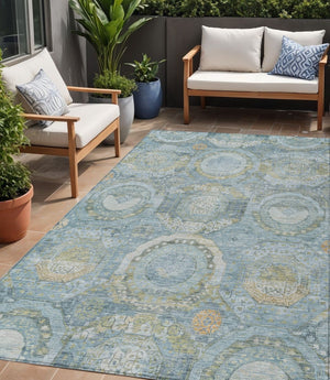 HomeRoots 5' Blue and Gold Medallion Indoor/Outdoor Area Rug - Durable, Washable, Stylish for Any Space 5' X 8' 616563