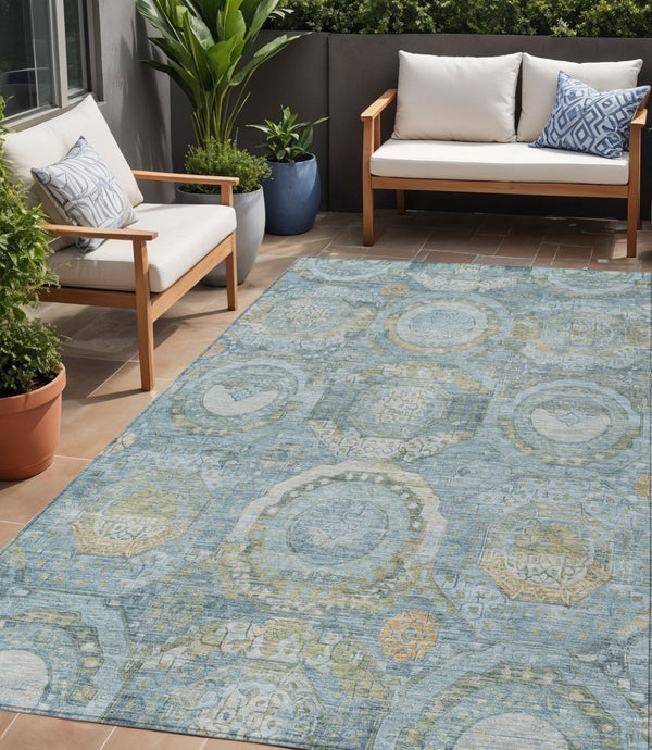 HomeRoots 5' Blue and Gold Medallion Indoor/Outdoor Area Rug - Durable, Washable, Stylish for Any Space 5' X 8' 616563