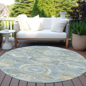 HomeRoots 5' Blue and Gold Medallion Indoor/Outdoor Area Rug - Durable, Washable, Stylish for Any Space 8' Round 616564