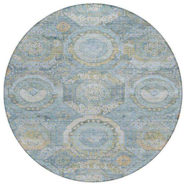 HomeRoots 5' Blue and Gold Medallion Indoor/Outdoor Area Rug - Durable, Washable, Stylish for Any Space 8' Round 616564