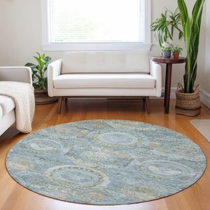 HomeRoots 5' Blue and Gold Medallion Indoor/Outdoor Area Rug - Durable, Washable, Stylish for Any Space 8' Round 616564