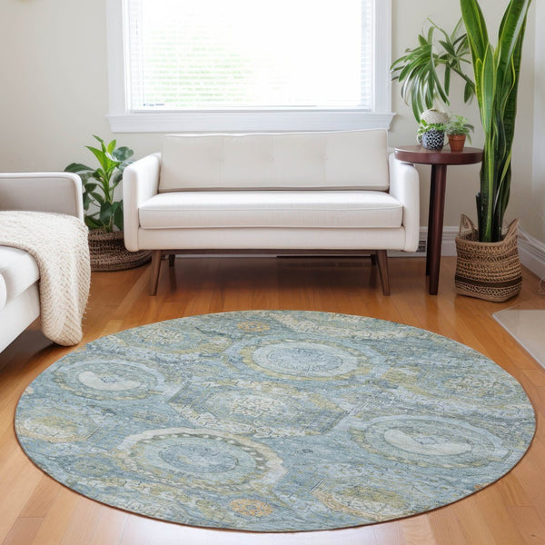 HomeRoots 5' Blue and Gold Medallion Indoor/Outdoor Area Rug - Durable, Washable, Stylish for Any Space 8' Round 616564