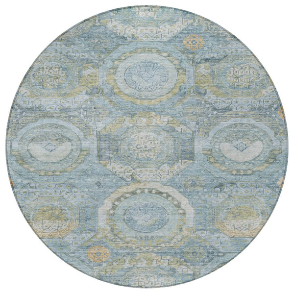 HomeRoots 5' Blue and Gold Medallion Indoor/Outdoor Area Rug - Durable, Washable, Stylish for Any Space 8' Round 616564