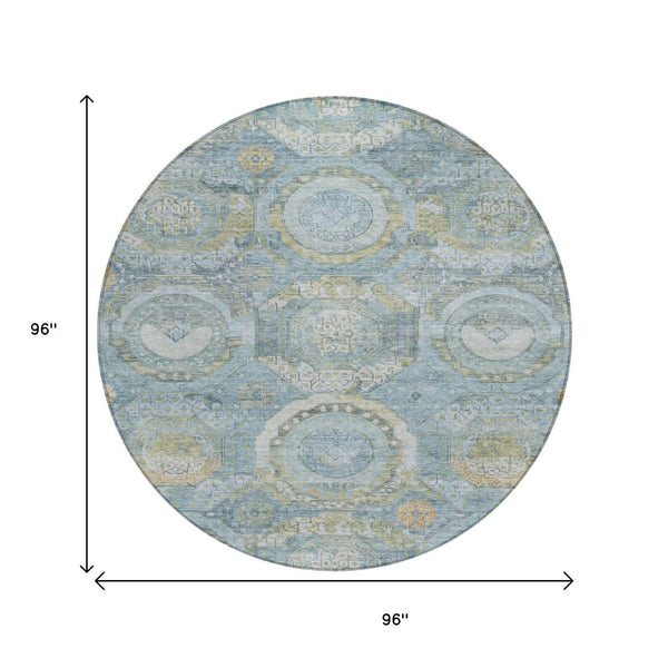HomeRoots 5' Blue and Gold Medallion Indoor/Outdoor Area Rug - Durable, Washable, Stylish for Any Space 8' Round 616564