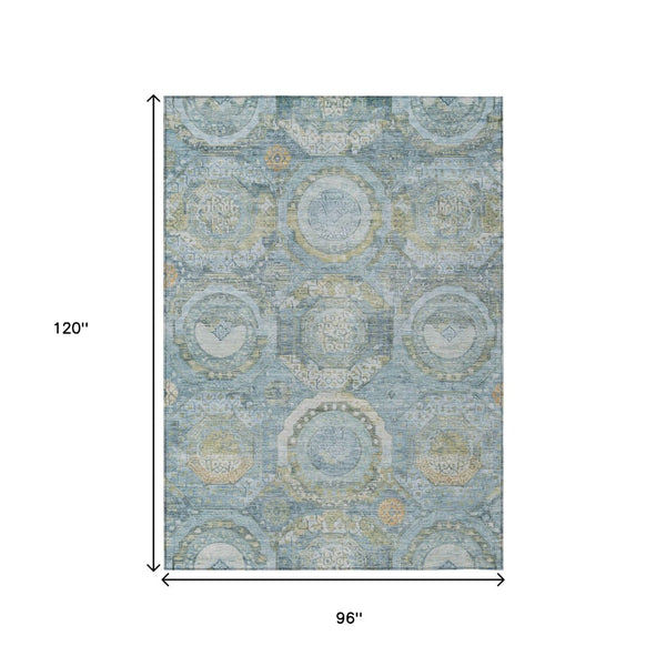 HomeRoots 5' Blue and Gold Medallion Indoor/Outdoor Area Rug - Durable, Washable, Stylish for Any Space 8' X 10' 616565