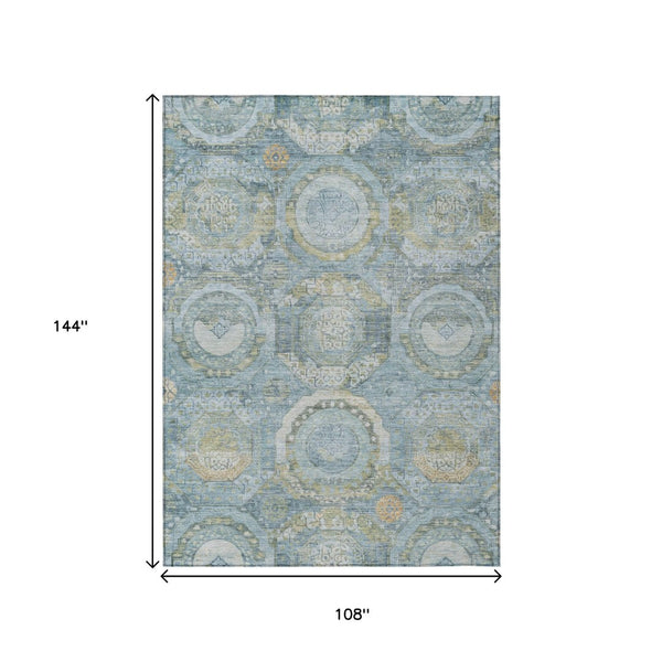 HomeRoots 5' Blue and Gold Medallion Indoor/Outdoor Area Rug - Durable, Washable, Stylish for Any Space 9' X 12' 616566