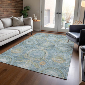 HomeRoots 5' Blue and Gold Medallion Indoor/Outdoor Area Rug - Durable, Washable, Stylish for Any Space 9' X 12' 616566