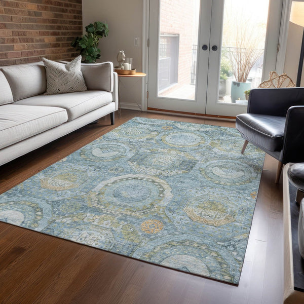 HomeRoots 5' Blue and Gold Medallion Indoor/Outdoor Area Rug - Durable, Washable, Stylish for Any Space 9' X 12' 616566